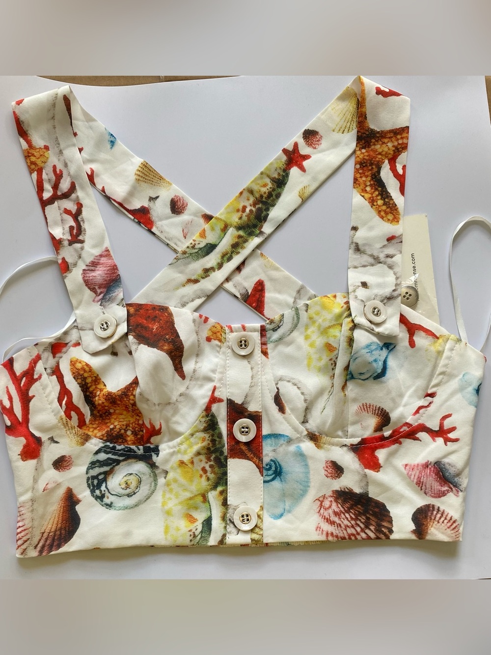 Commense Seashell Print Cropped Button-Front Top in White, Red, Blue, Yellow